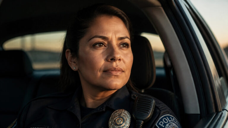 A cinematic, documentary-style portrait of a Latina police officer reflecting during a quiet dawn shift.